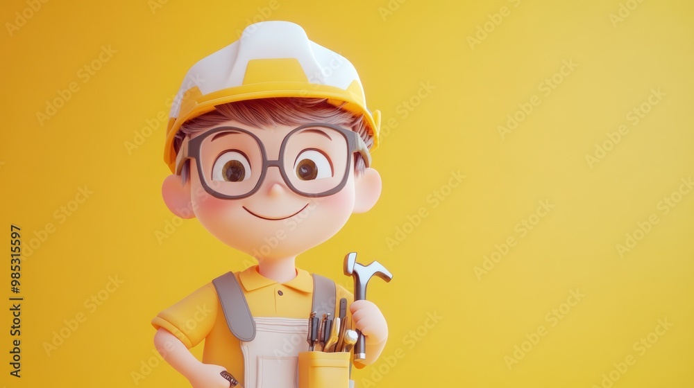 A cheerful cartoon boy wearing a hard hat and holding tools, symbolizing construction and creativity. A cheerful cartoon boy wearing a hard hat and holding tools, symbolizing construction and creativity.