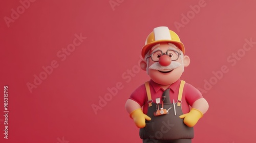 A cheerful cartoon character in a hard hat and gloves, ready for construction work.