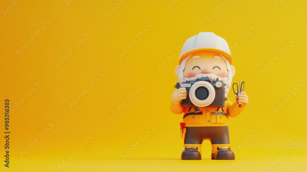 A cheerful cartoon character holding a camera, ready to capture moments against a bright yellow background. A cheerful cartoon character holding a camera, ready to capture moments against a bright yellow background.