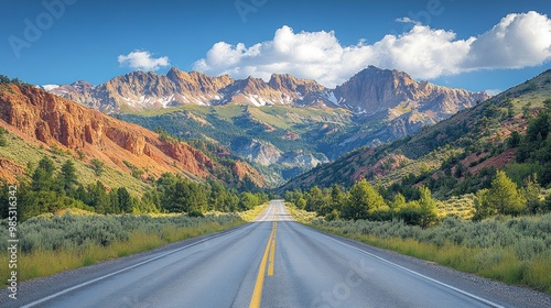 Scenic mountain road with vibrant landscapes and clear skies.