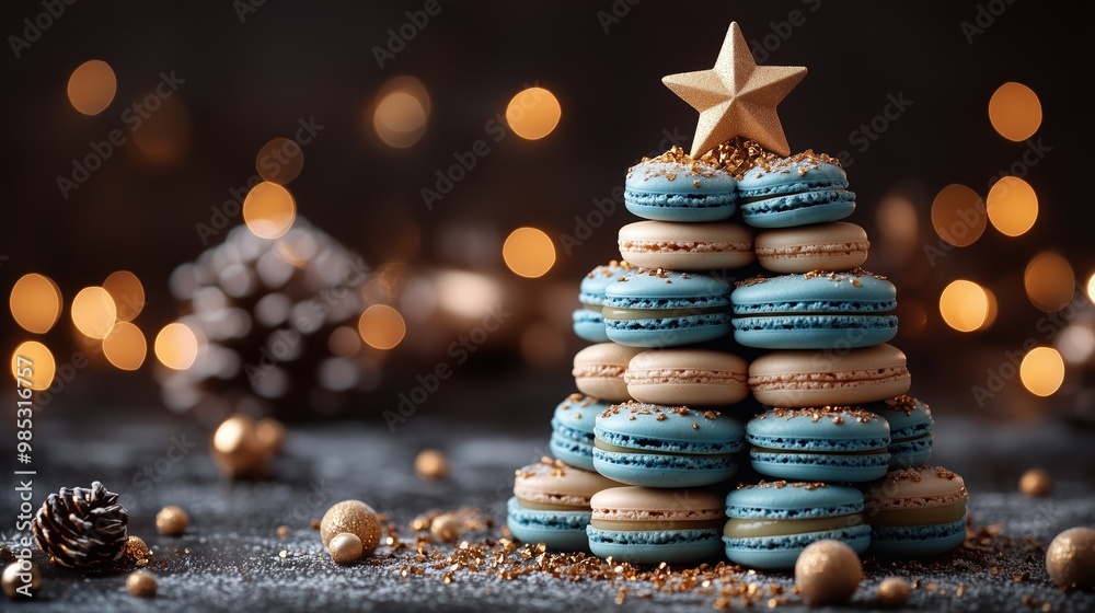 Obraz premium A Christmas tree made of macarons, in shades of blue and gold, with a star on top, set against a dark background with twinkling lights
