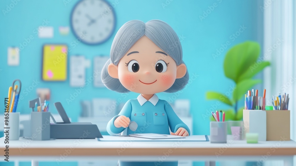A cheerful character working at a desk with office supplies and a plant in a bright environment. A cheerful character working at a desk with office supplies and a plant in a bright environment.