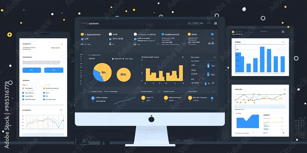 Business dashboards with charts and graphs displayed on multiple screens. Business dashboards with charts and graphs displayed on multiple screens.