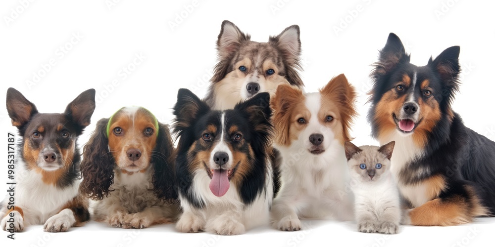 Group of cute pets on white background. Various animals, including dogs, cats, birds, hamsters, are displayed together. Different breeds, species are shown, highlighting companionship, friendship. Group of cute pets on white background. Various animals, including dogs, cats, birds, hamsters, are displayed together. Different breeds, species are shown, highlighting companionship, friendship.