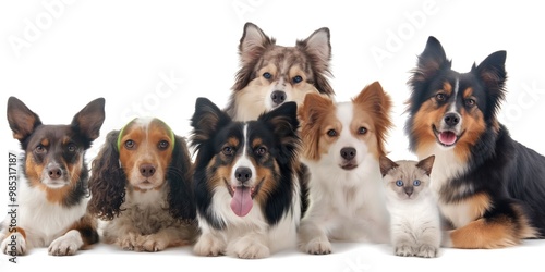 Group of cute pets on white background. Various animals, including dogs, cats, birds, hamsters, are displayed together. Different breeds, species are shown, highlighting companionship, friendship.