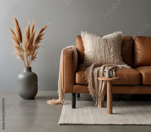 Cozy brown sofa, lamp and vase with pampas grass isolated on white backgroundai gegerate   photo