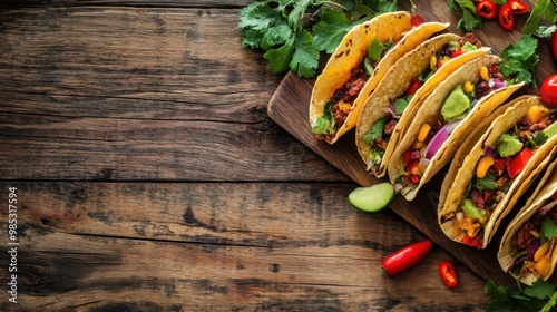 free space tacos maxican food concepts on wooden background photo