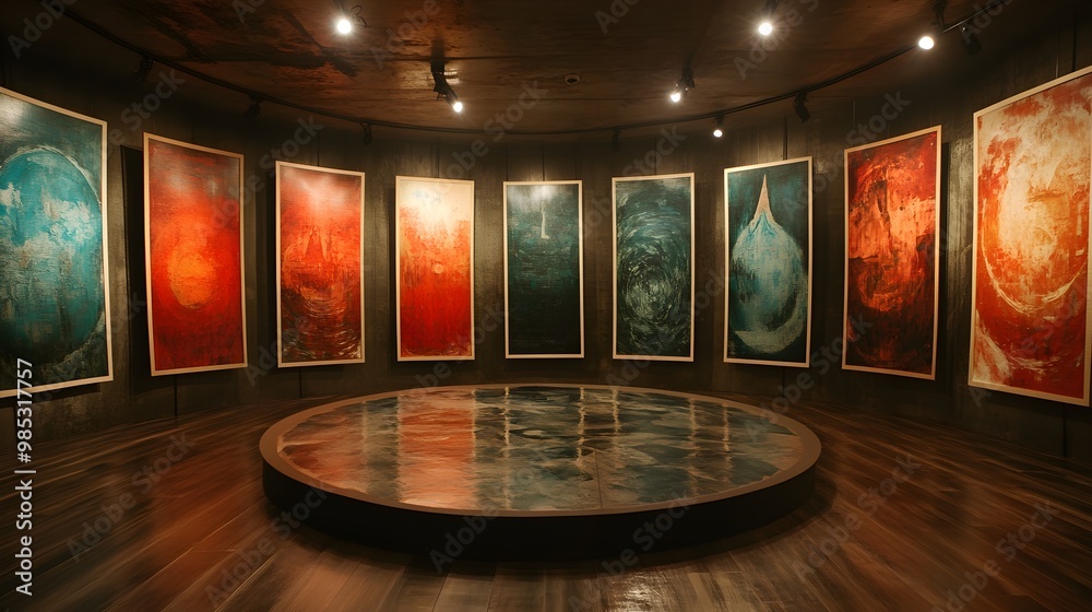 A circular display of mixed-media artwork in a contemporary gallery, with each piece uniquely lit by adjustable spotlights, enhancing the texture and depth of the pieces. A circular display of mixed-media artwork in a contemporary gallery, with each piece uniquely lit by adjustable spotlights, enhancing the texture and depth of the pieces.