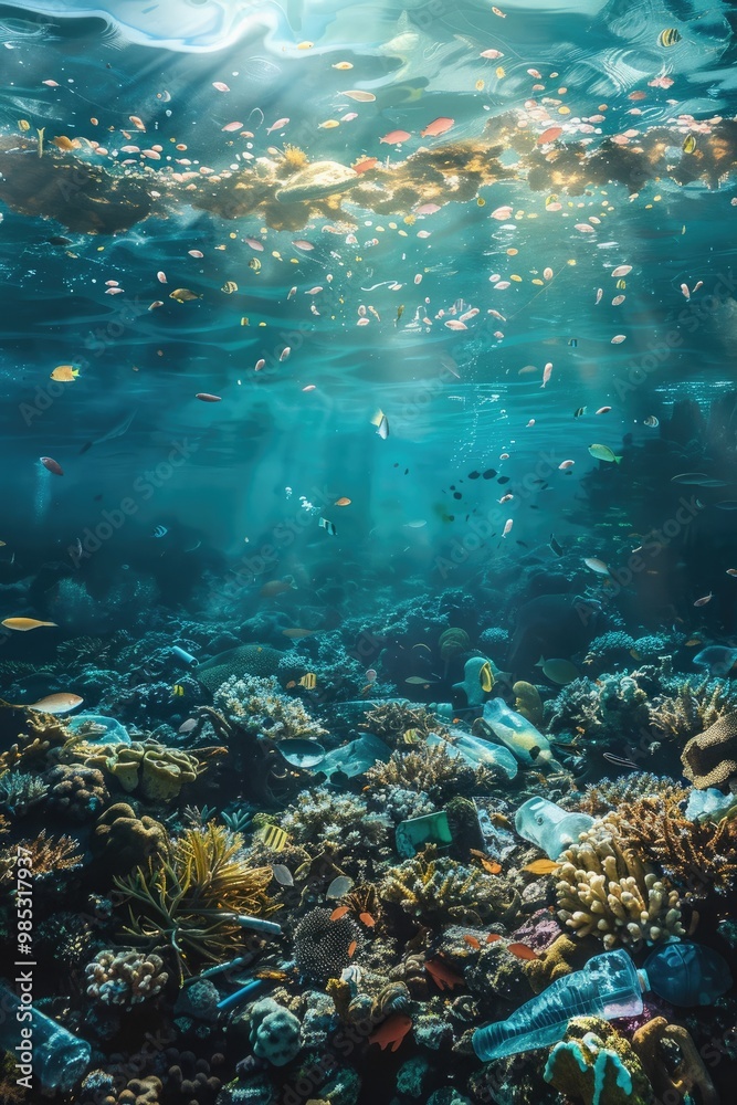 Fototapeta premium Underwater Coral Reef with Plastic Pollution