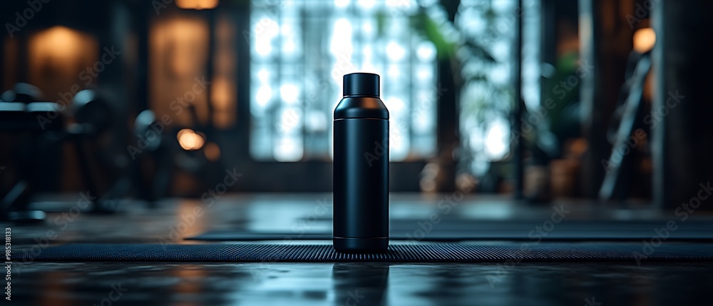 Black Water Bottle on a Yoga Mat in a Gym. Black Water Bottle on a Yoga Mat in a Gym.