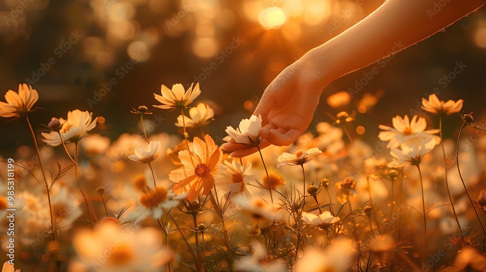 Woman touching flowers in a spring sunrise field Woman touching flowers in a spring sunrise field