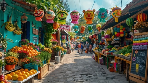 Bustling openair market in Mexico with colorful piatas hanging from stalls fresh fruits and vegetables on display and lively crowds photo