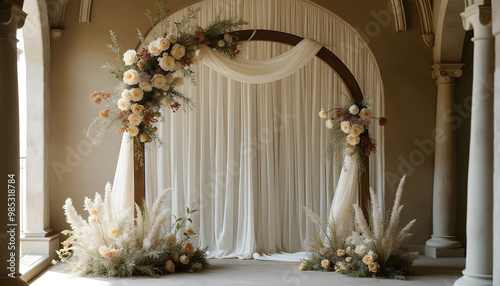 Elegant Wedding Arch Decor with White Curtains and Dried Flowers