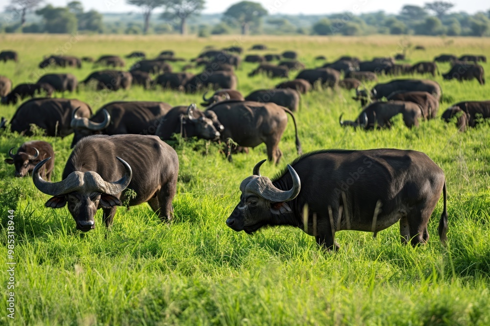 African buffalo herd roaming in a serene, green savanna field in Botswana. Peaceful and tranquil scene of wild animals grazing and living freely in nature. African buffalo herd roaming in a serene, green savanna field in Botswana. Peaceful and tranquil scene of wild animals grazing and living freely in nature.