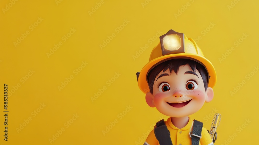 A cheerful cartoon boy wearing a miner's helmet, holding a tool against a bright yellow background. A cheerful cartoon boy wearing a miner's helmet, holding a tool against a bright yellow background.