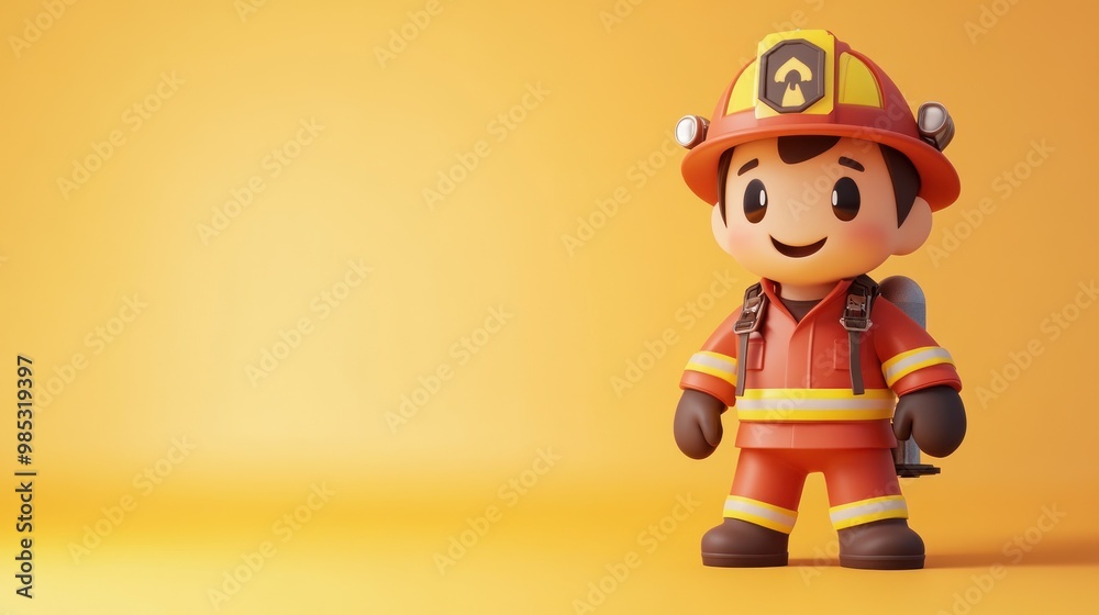 A cheerful cartoon firefighter character in a bright orange uniform, set against a yellow background. A cheerful cartoon firefighter character in a bright orange uniform, set against a yellow background.