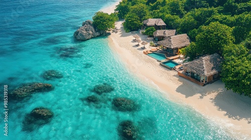 Aerial view of a serene beach resort with turquoise waters.