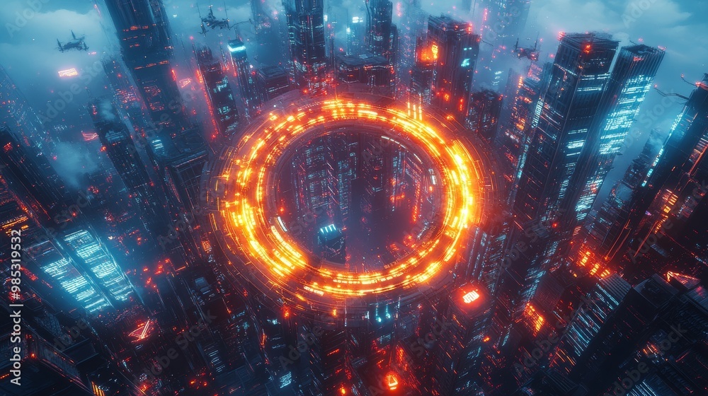 Obraz premium A sleek circular drone docking station, set in the center of a bustling futuristic metropolis, neon-lit skyscrapers, glowing drones in the air, cyberpunk, 3D render, vibrant blues and purples