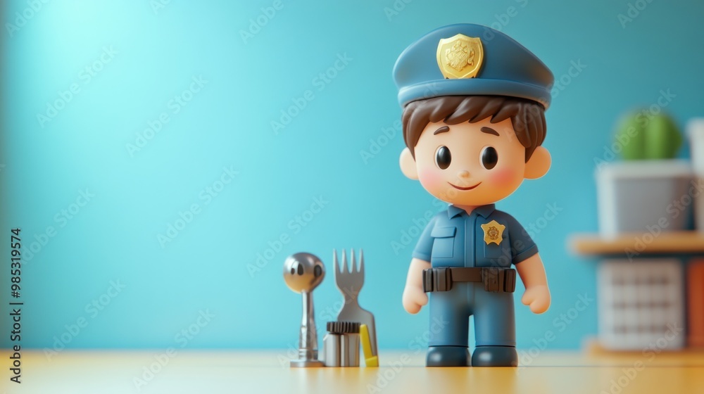 A cheerful cartoon police officer stands beside a fork, spoon, and a bottle.