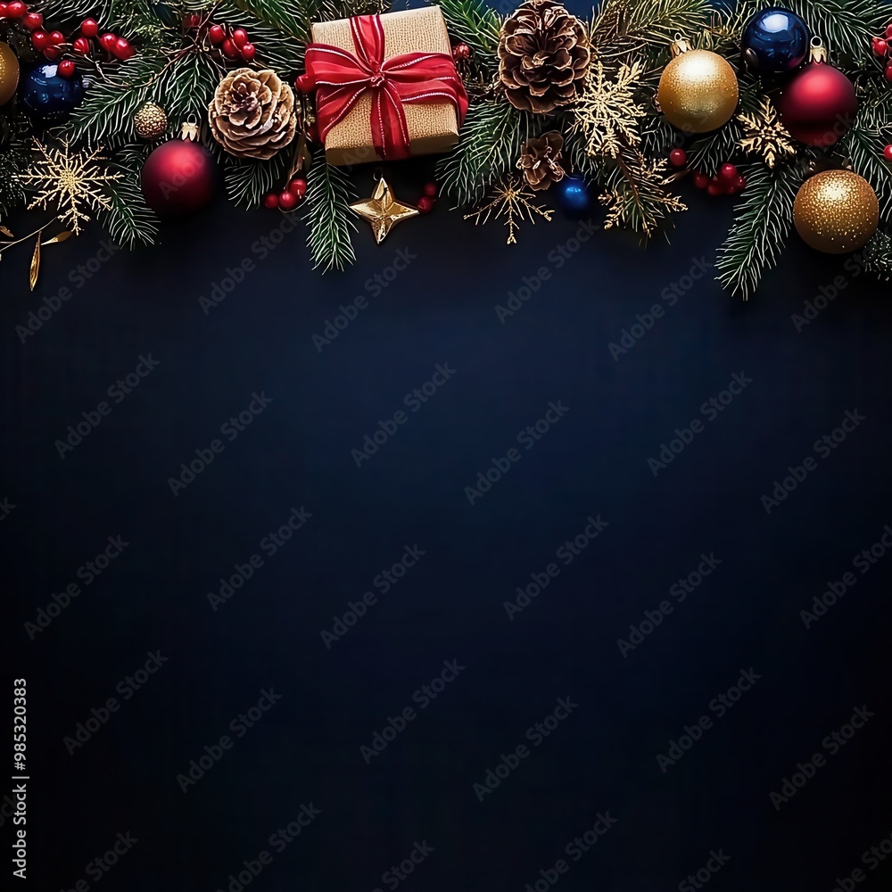 Christmas decorations with ornaments, gifts, and pine branches Christmas decorations with ornaments, gifts, and pine branches