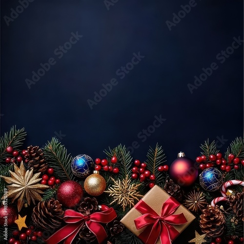 Christmas decorations with ornaments, gifts, and pine branches