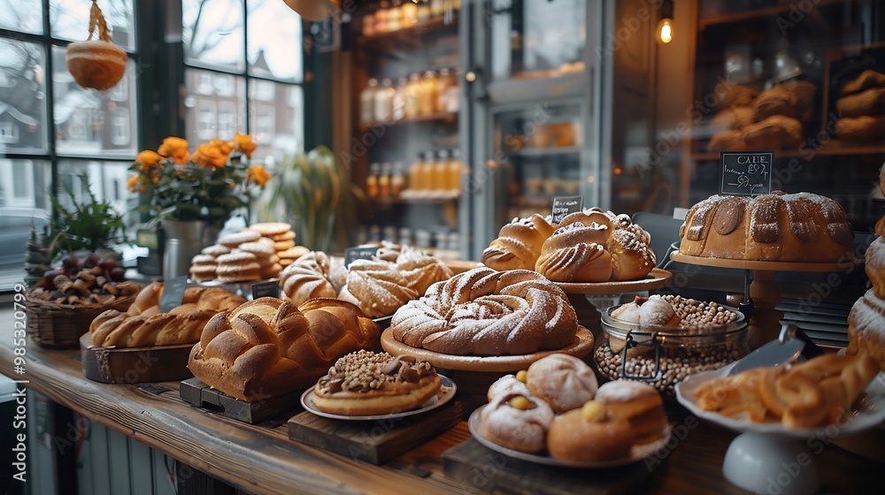 Charming bakery window filled with freshly baked pastries cakes and bread with soft morning light streaming through Charming bakery window filled with freshly baked pastries cakes and bread with soft morning light streaming through