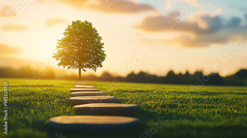 Pathway of stepping stones leading to a tree of success, with each stone representing a growth milestone roadmap, growth, stepping stones