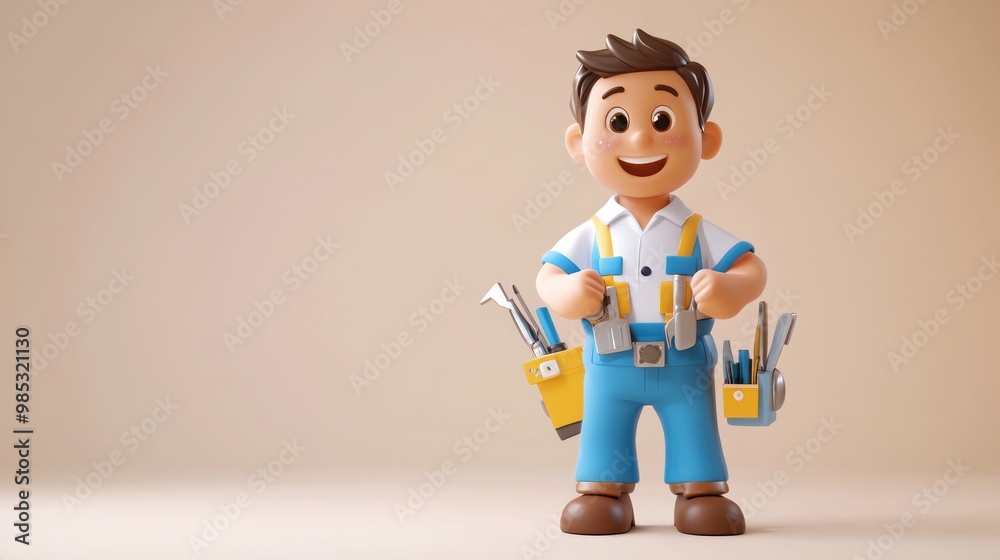 A cheerful cartoon character dressed as a handyman, holding tools and smiling. A cheerful cartoon character dressed as a handyman, holding tools and smiling.