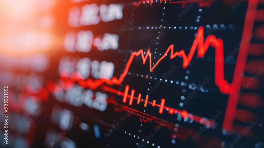 Fototapeta premium Close-up of downward-trending line graph on digital screen, symbolizing drop in earnings, financial decline visualized with charts and numbers.