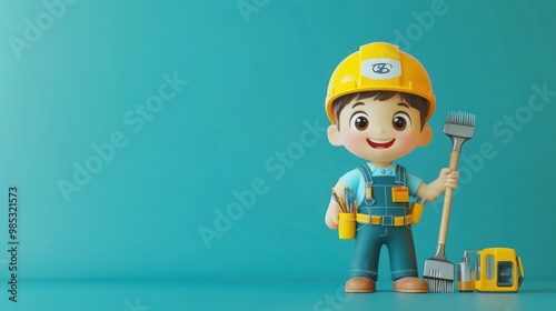 A cheerful cartoon boy in a construction outfit holding tools against a blue background.