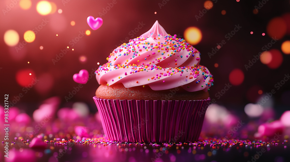 A pink cupcake with sprinkles on top and hearts in the air. The cupcake is placed on a table with a pink background A pink cupcake with sprinkles on top and hearts in the air. The cupcake is placed on a table with a pink background