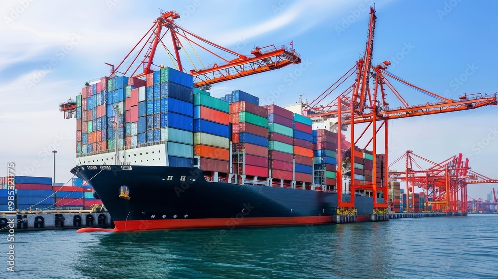 Fototapeta premium Large cargo ship docked at empty port with stacked containers and idle cranes, symbolizing port strike and industrial tension.