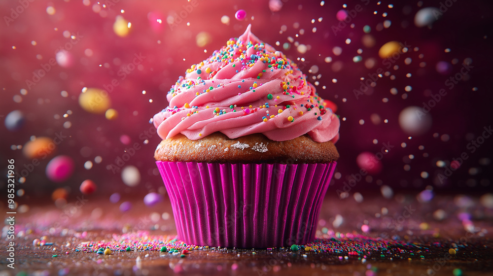 A pink cupcake with sprinkles on top and hearts in the air. The cupcake is placed on a table with a pink background A pink cupcake with sprinkles on top and hearts in the air. The cupcake is placed on a table with a pink background