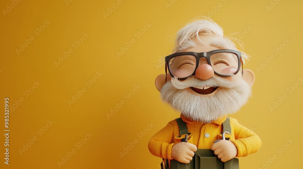 A cheerful, animated elderly man with glasses and a beard, smiling against a yellow background. A cheerful, animated elderly man with glasses and a beard, smiling against a yellow background.
