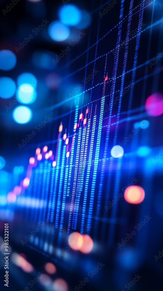 Close-up of a stock market graph with blue and red lights. Close-up of a stock market graph with blue and red lights.