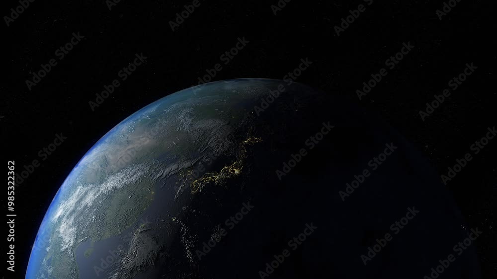 Planet Earth video from above looking towards the continents rotating in a realistic 3d animation, day night time change Planet Earth video from above looking towards the continents rotating in a realistic 3d animation, day night time change