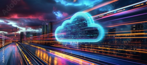 Cloud computing technology depicted against a speeding train in an urban setting.