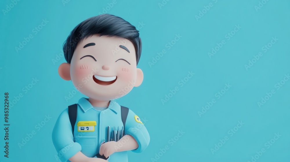 A cheerful cartoon character in a blue uniform holding pens, smiling against a blue background. A cheerful cartoon character in a blue uniform holding pens, smiling against a blue background.