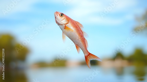 Dynamic depiction of a red mullet fish leaping out of the water, showcasing its vibrant reddish-pink scales glistening in the sunlight. The image captures the energetic movement and grace of the fish  photo