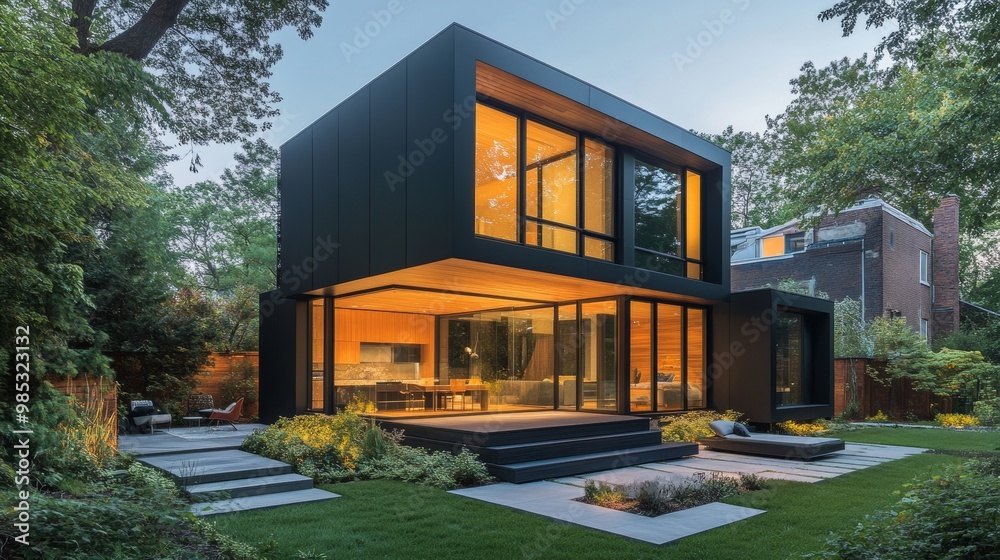 A modern cube home with sharp angles and reflective glass, creating a sleek urban vibe A modern cube home with sharp angles and reflective glass, creating a sleek urban vibe