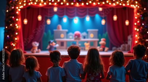 Children captivated by a colorful puppet show with festive decorations