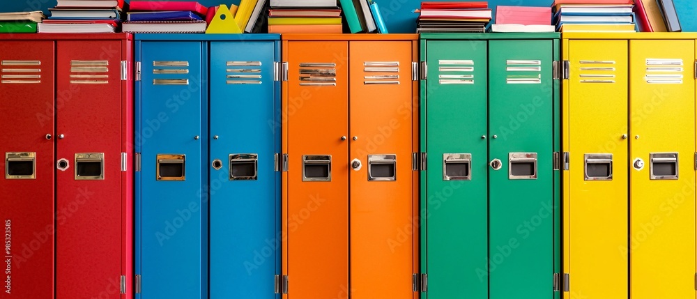 Colorful School Lockers with Books and Binders Colorful School Lockers with Books and Binders