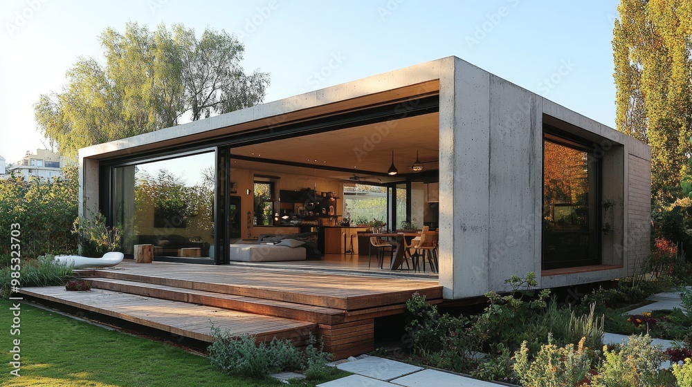 A modern modular cube home with a polished concrete exterior and minimalist garden A modern modular cube home with a polished concrete exterior and minimalist garden