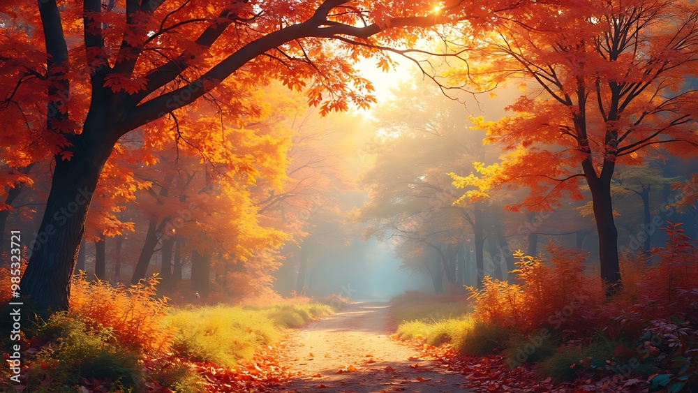 A serene woodland scene filled with vibrant autumn foliage in shades of orange, red, and yellow. The peaceful setting captures the beauty of nature during the fall season. A serene woodland scene filled with vibrant autumn foliage in shades of orange, red, and yellow. The peaceful setting captures the beauty of nature during the fall season.