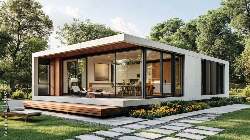 A modern modular cube home with white concrete walls and warm wooden accents A modern modular cube home with white concrete walls and warm wooden accents
