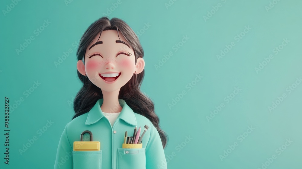 A cheerful character with a smile, holding stationery in a pocket against a teal background. A cheerful character with a smile, holding stationery in a pocket against a teal background.