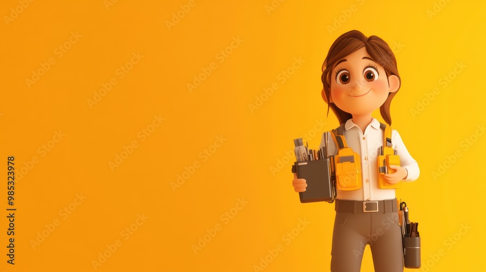 A cheerful cartoon character holding tools, set against a bright yellow background. A cheerful cartoon character holding tools, set against a bright yellow background.