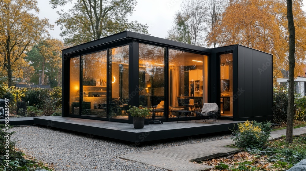 A simple cube house with large windows and a black steel exterior, surrounded by gravel paths A simple cube house with large windows and a black steel exterior, surrounded by gravel paths