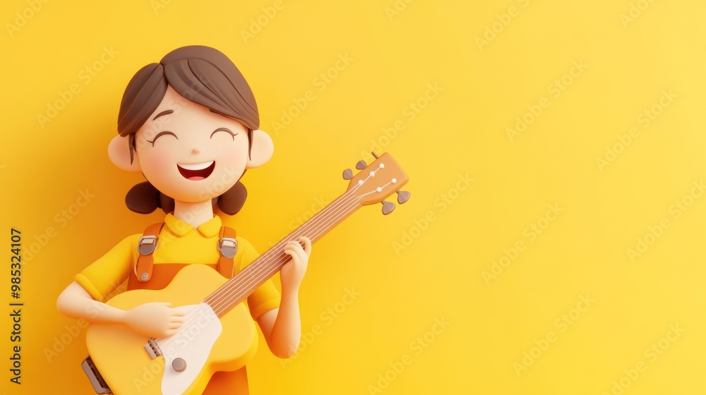 A cheerful character playing guitar against a bright yellow background.