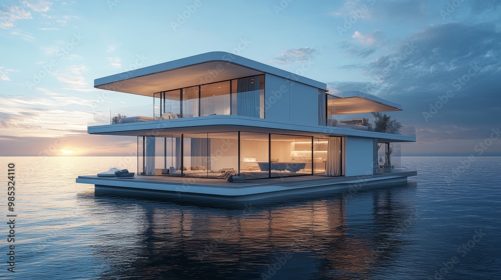 A sleek floating home in the shape of a cube, glass walls overlooking water, rooftop terrace offering panoramic views of the horizon